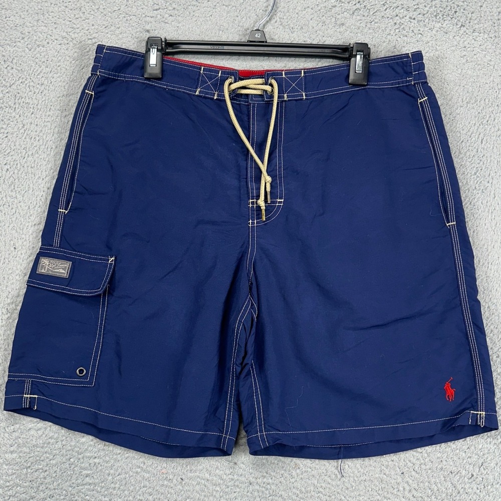 Polo Ralph Lauren Mens Swim Trunks Medium Blue‎ Nylon Mesh Lined Cargo Swimwear